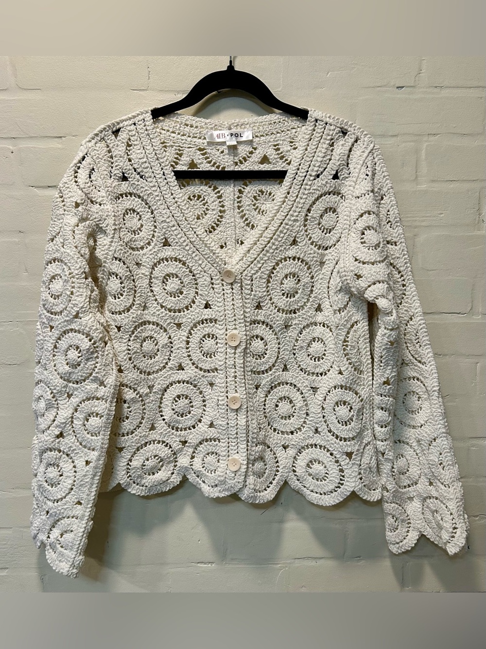 ALB x POL Ivory Crochet Cardigan Boho Granny Circle Scallop One Size (Fits M/L)